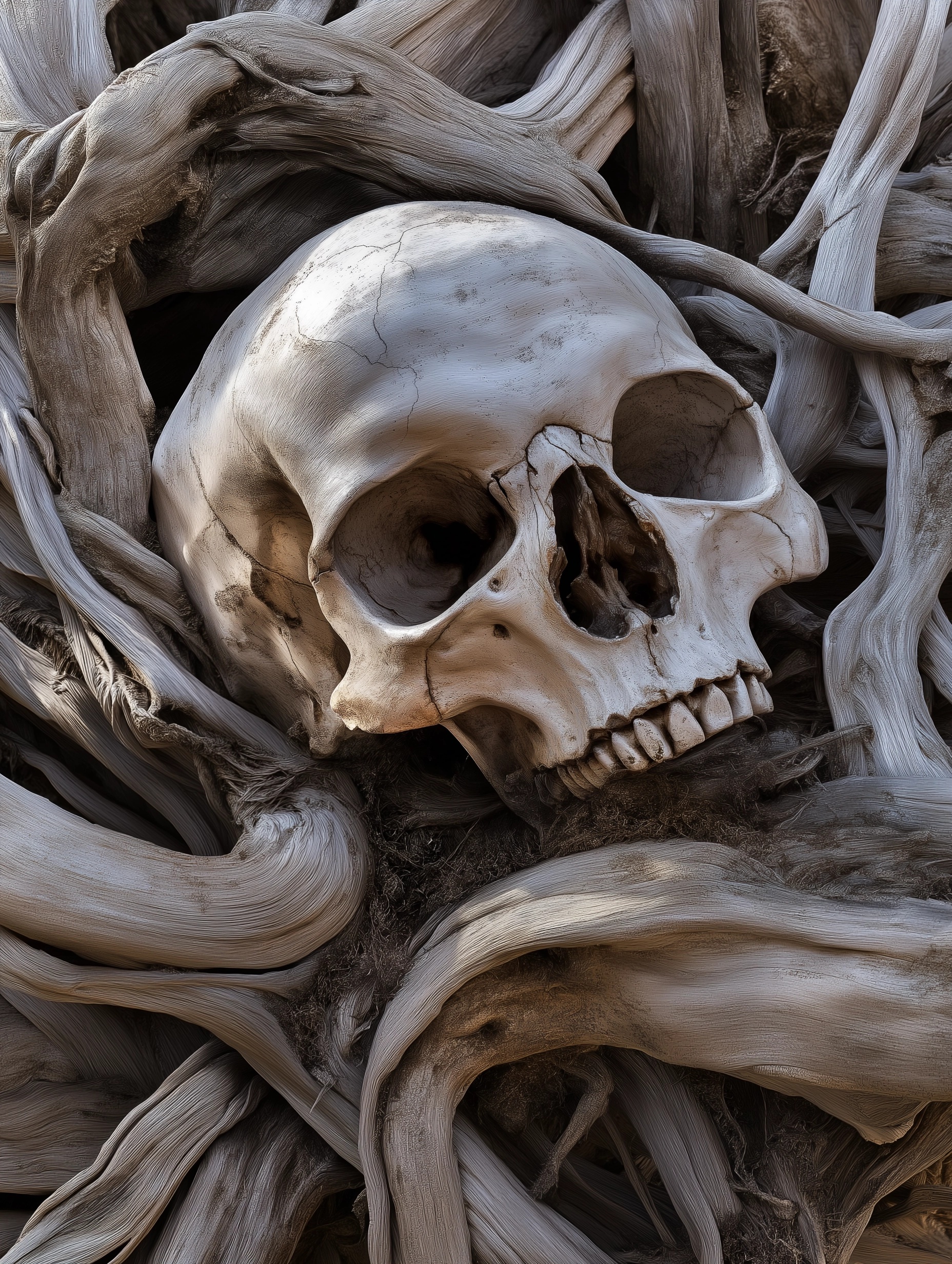 Intricate Driftwood Skull Art: Casey Baugh Style