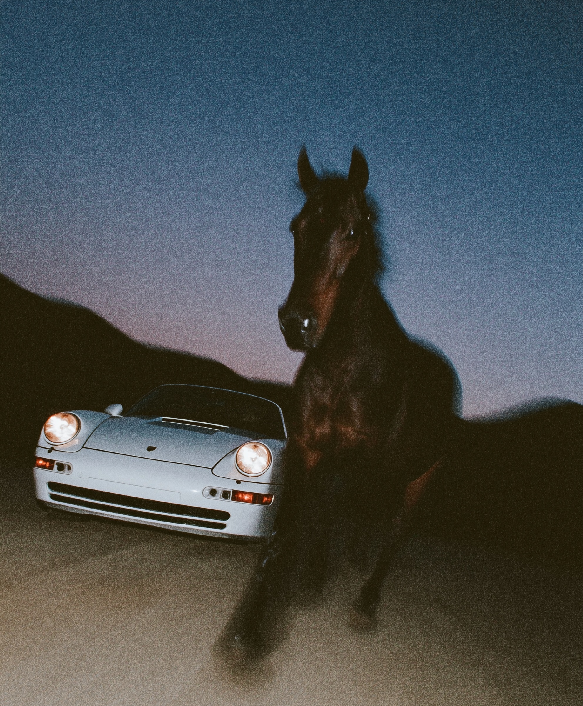 Desert Elegance: Horse and Porsche at Dusk