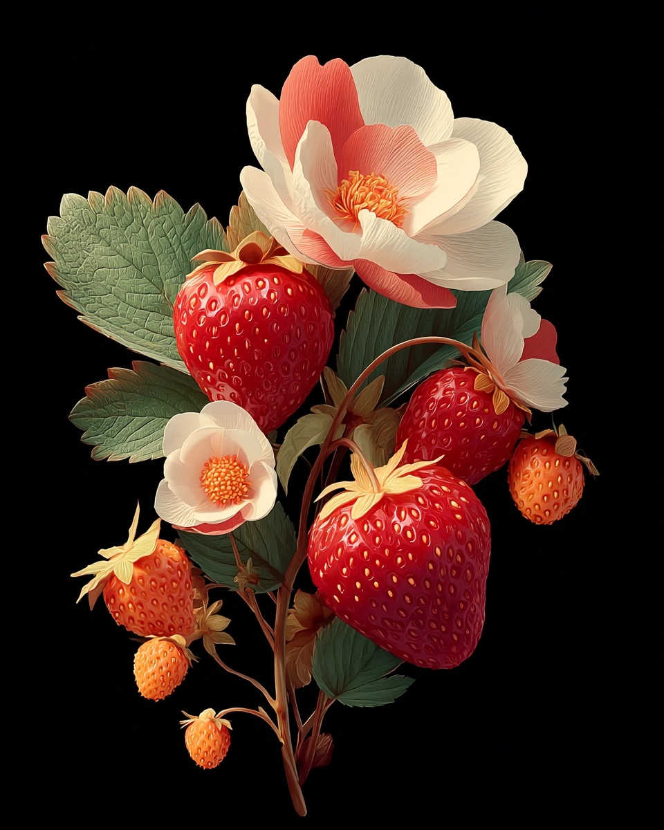 Elegant Strawberry Still Life on Black Background