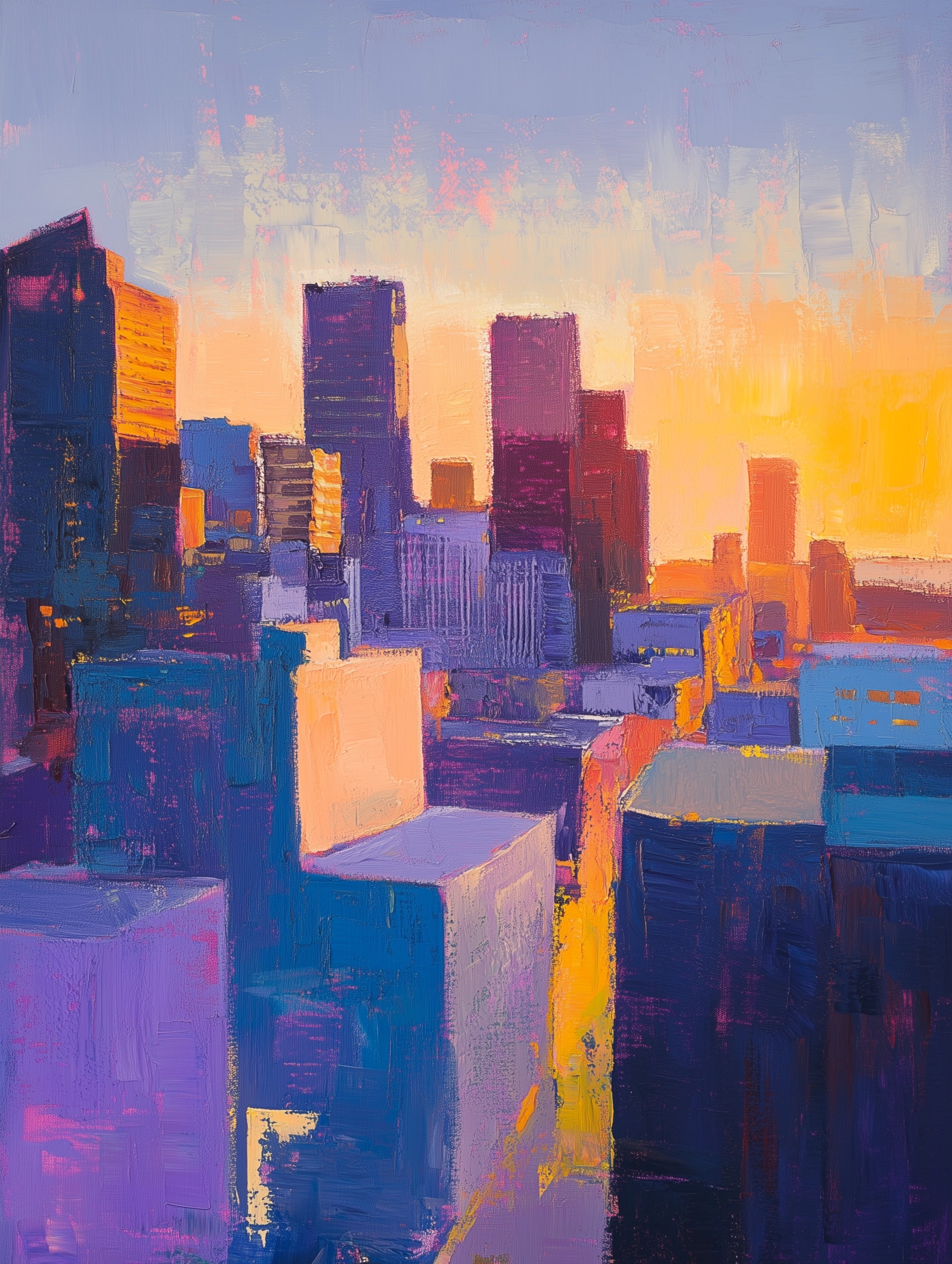 Abstract Urban Sunset: A Bold Oil Painting