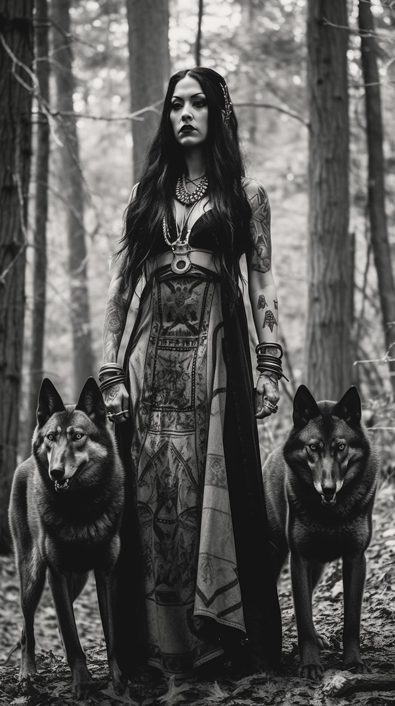 Mystical Woman with Pet Wolves in Metalwork Style