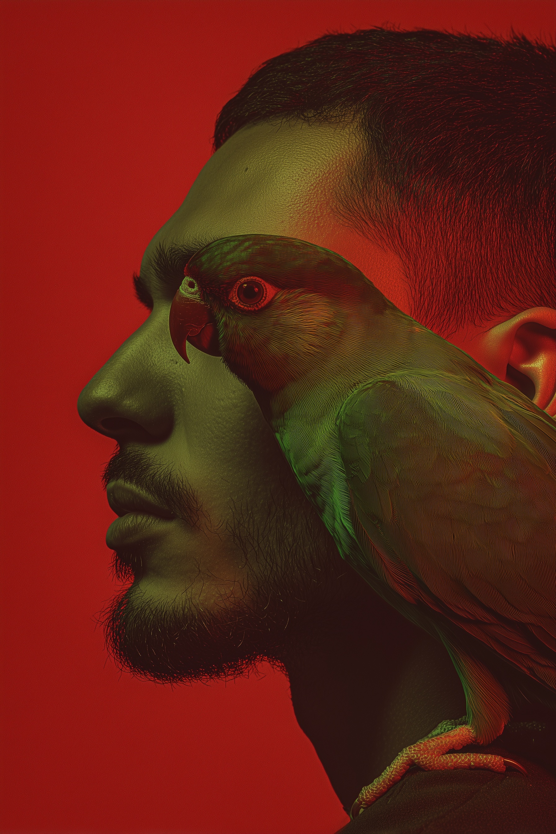 Vibrant Portrait: Man and Parakeet Against Red