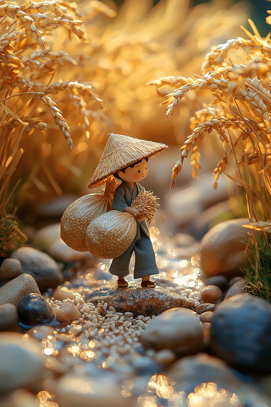 Miniature Asian Farmer Figurine in Tranquil Setting