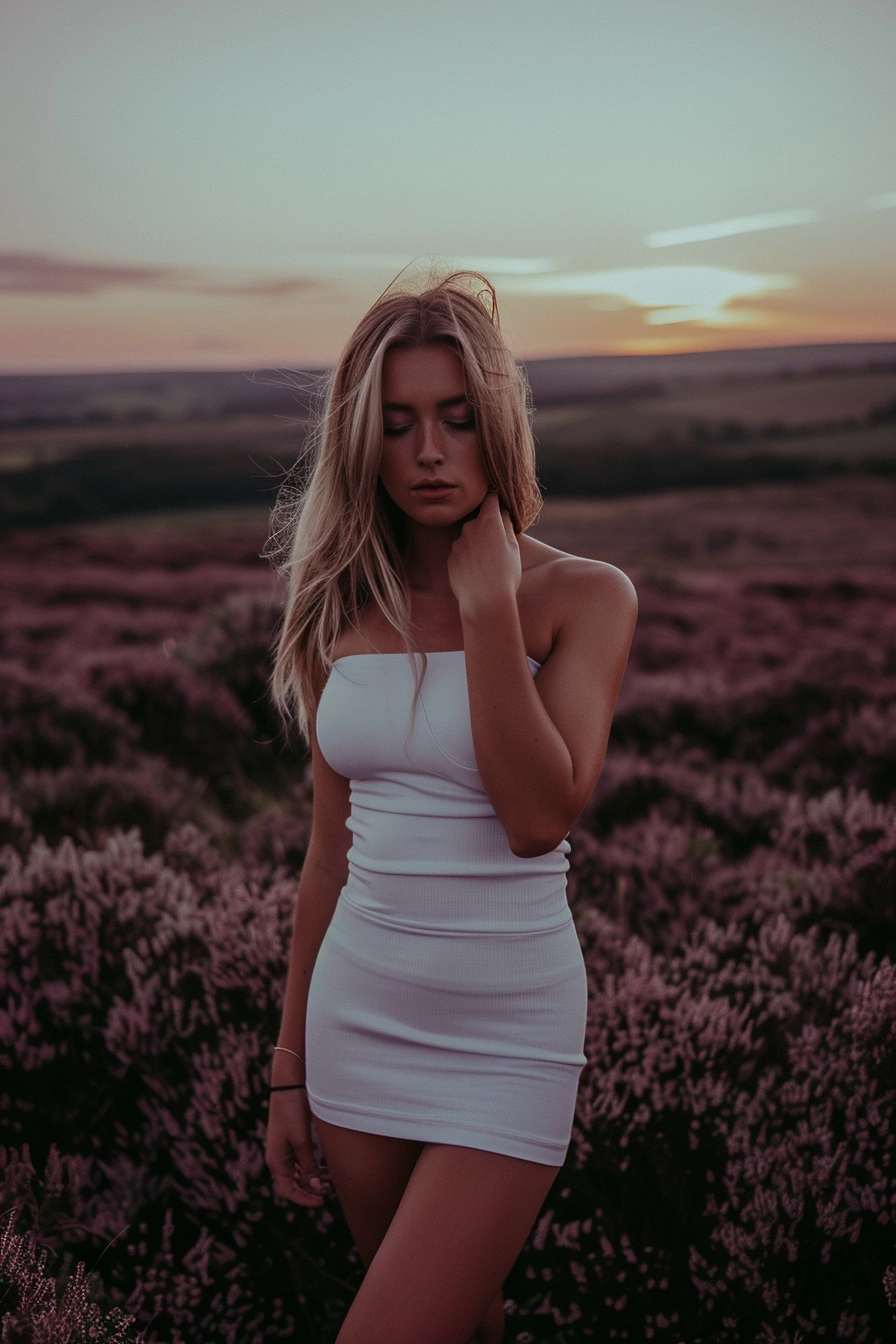 Blonde Woman in White Dress: Hyperrealistic Fashion Photohoot