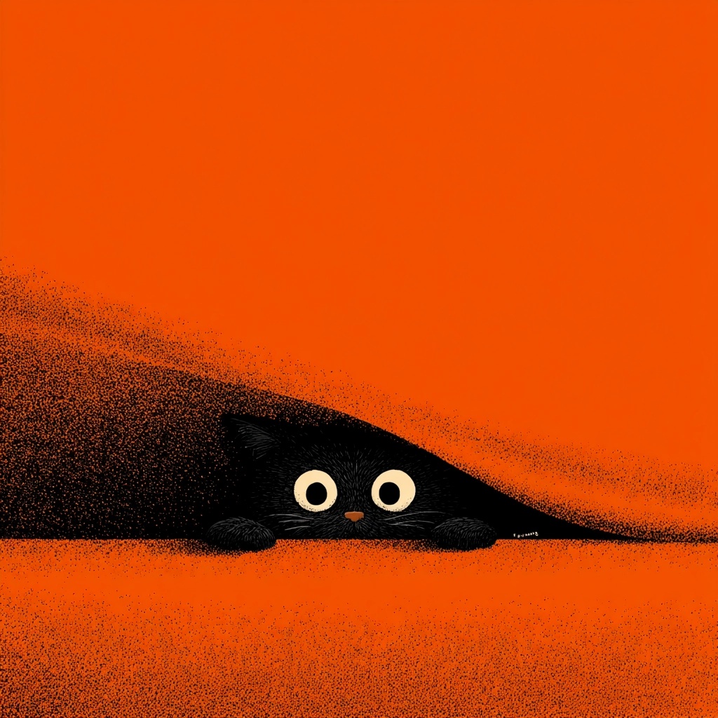 Playful Black Cat Peeking Under Bright Orange Blanket