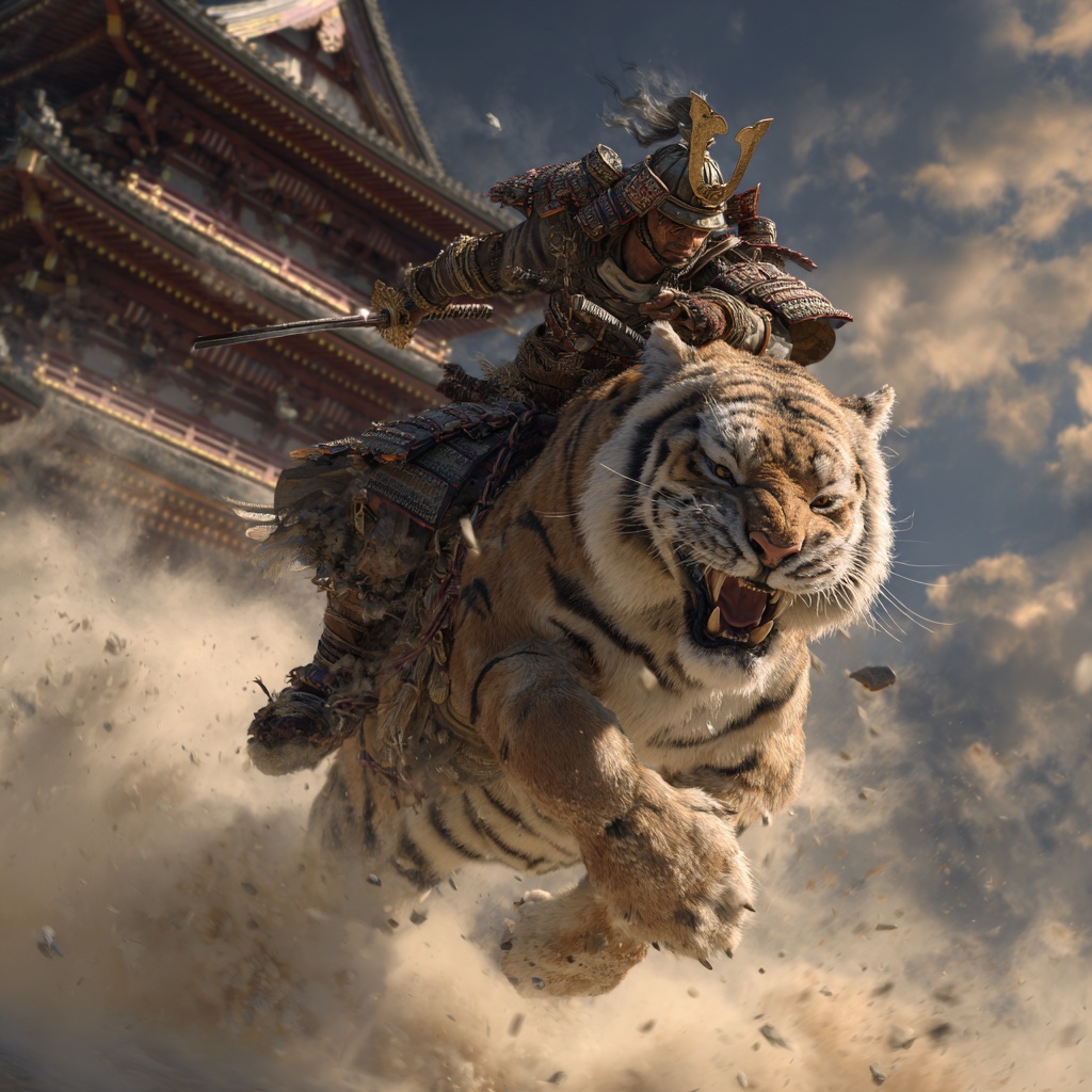 Epic Samurai on Tiger: Dynamic Fantasy Art