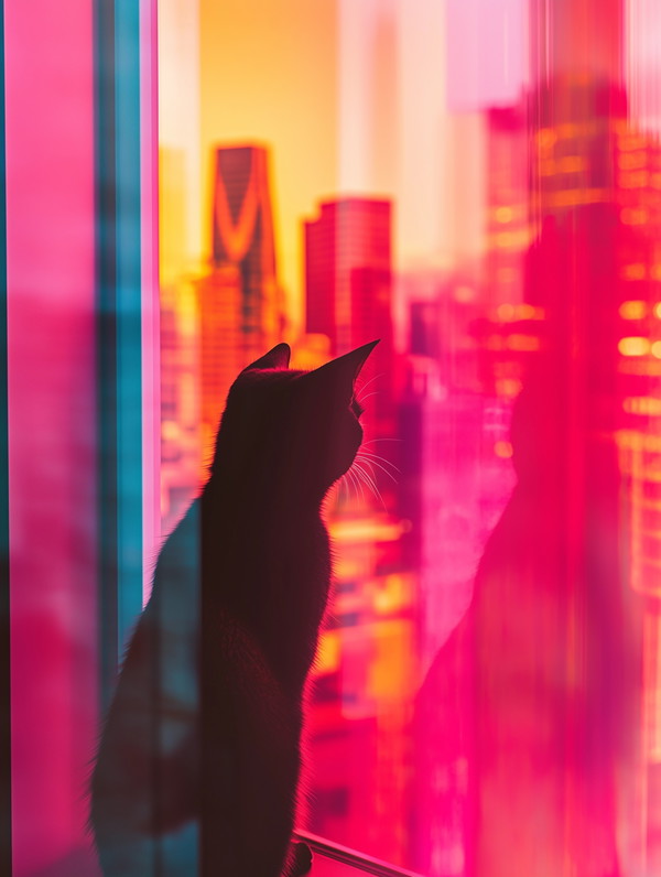 Vibrant Cat City Reflection: Magenta Glass Art