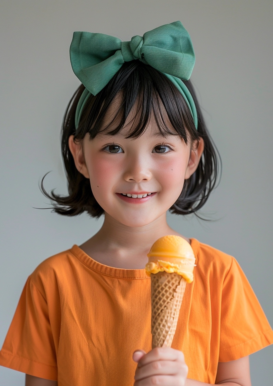 Cute 4-Year-Old Asian Girl with Ice Cream and Stylish Bowtie Headwear