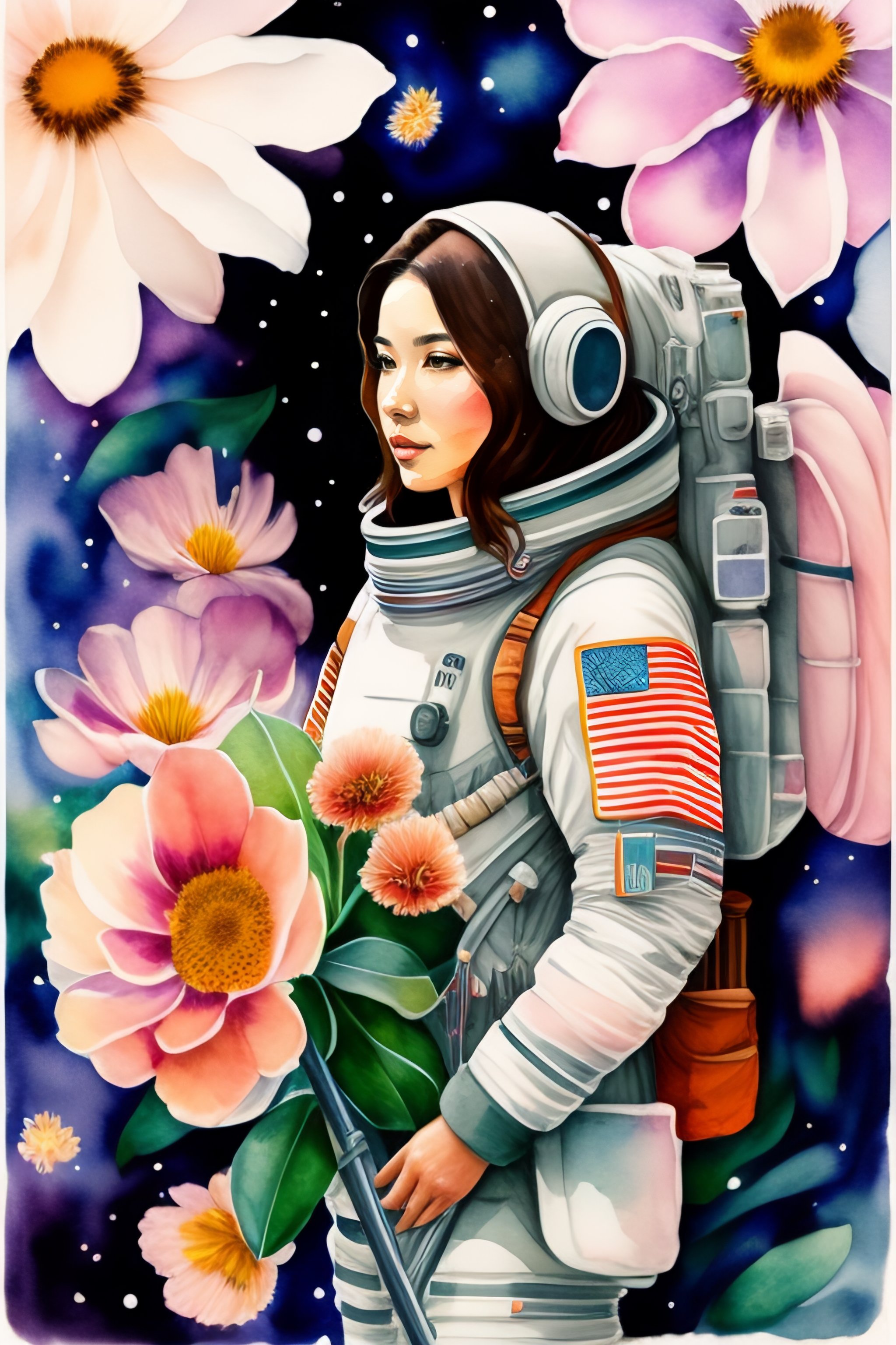 Floral Astronaut Art: Hand-Drawn Watercolors