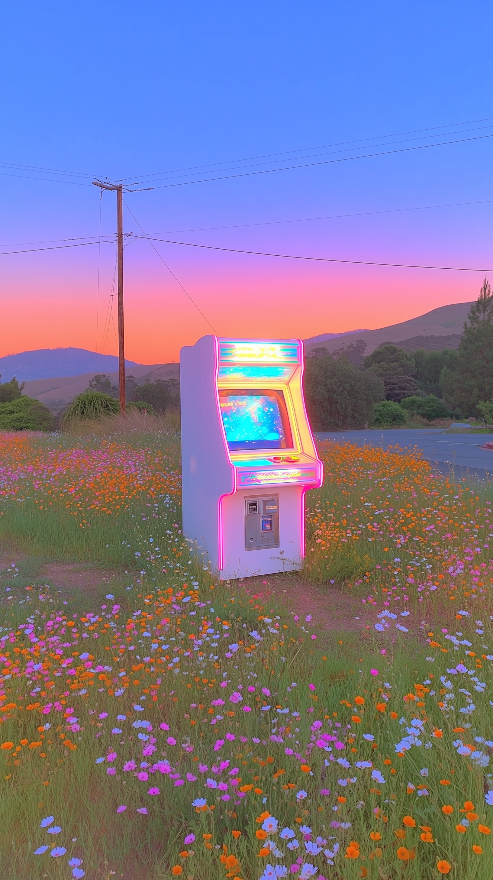 Vintage Arcade in Colorful Sunset Wildflower Field
