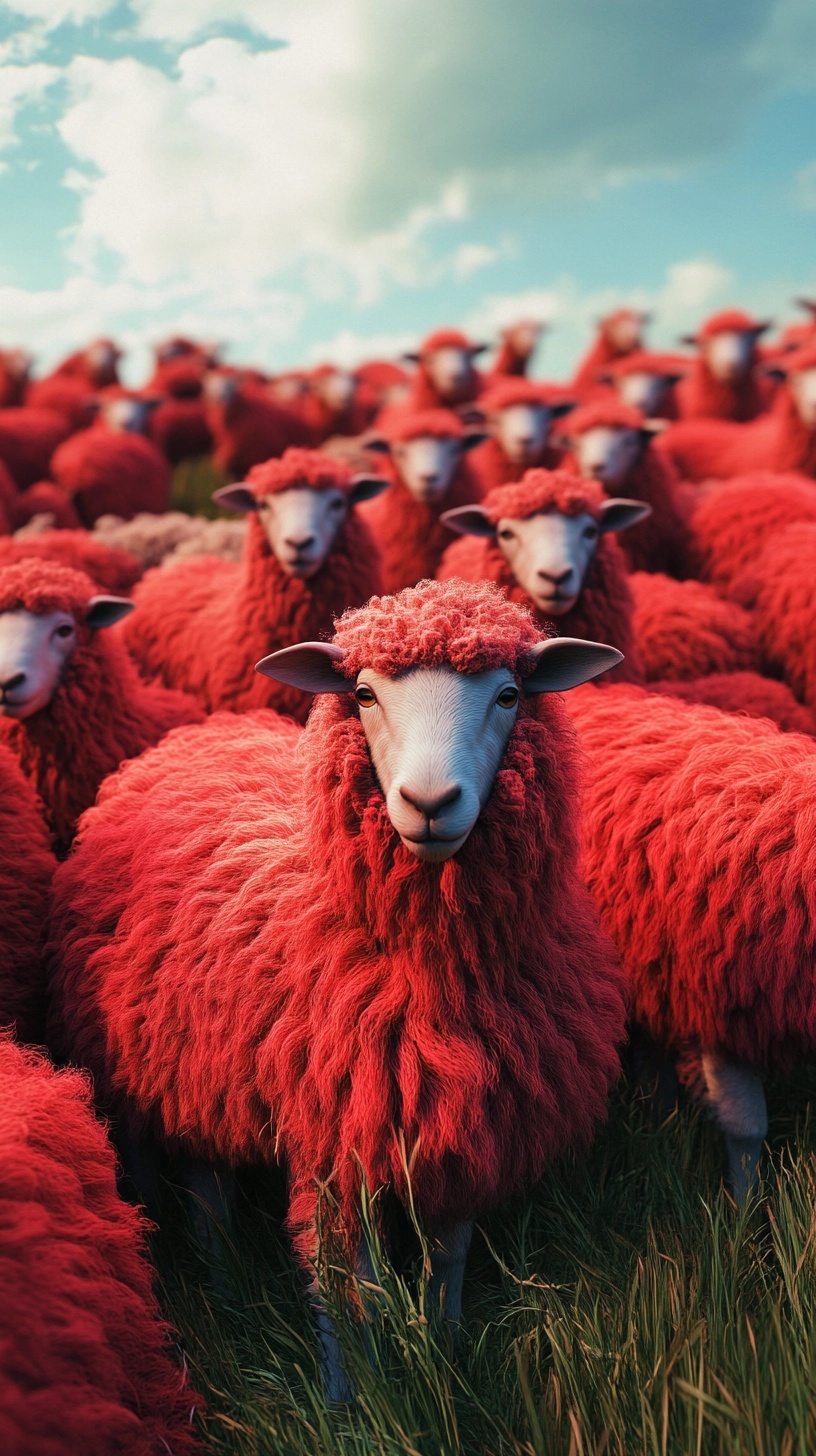 Vibrant Red-Furred Sheep on Lush Green Grass