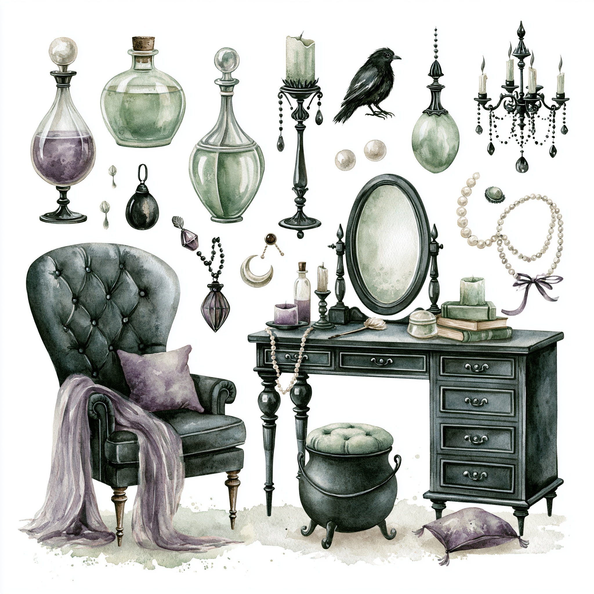 Whimsical Dark Witch Vanity Clipart Collection