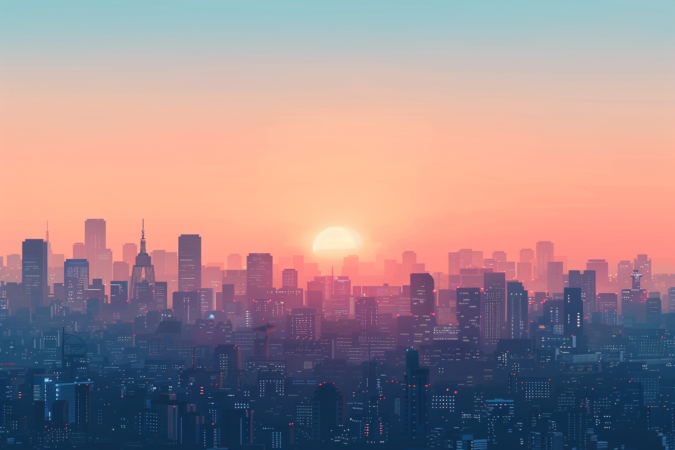 Serene Cityscape Sunrise Art: Modern Geometric Minimalism