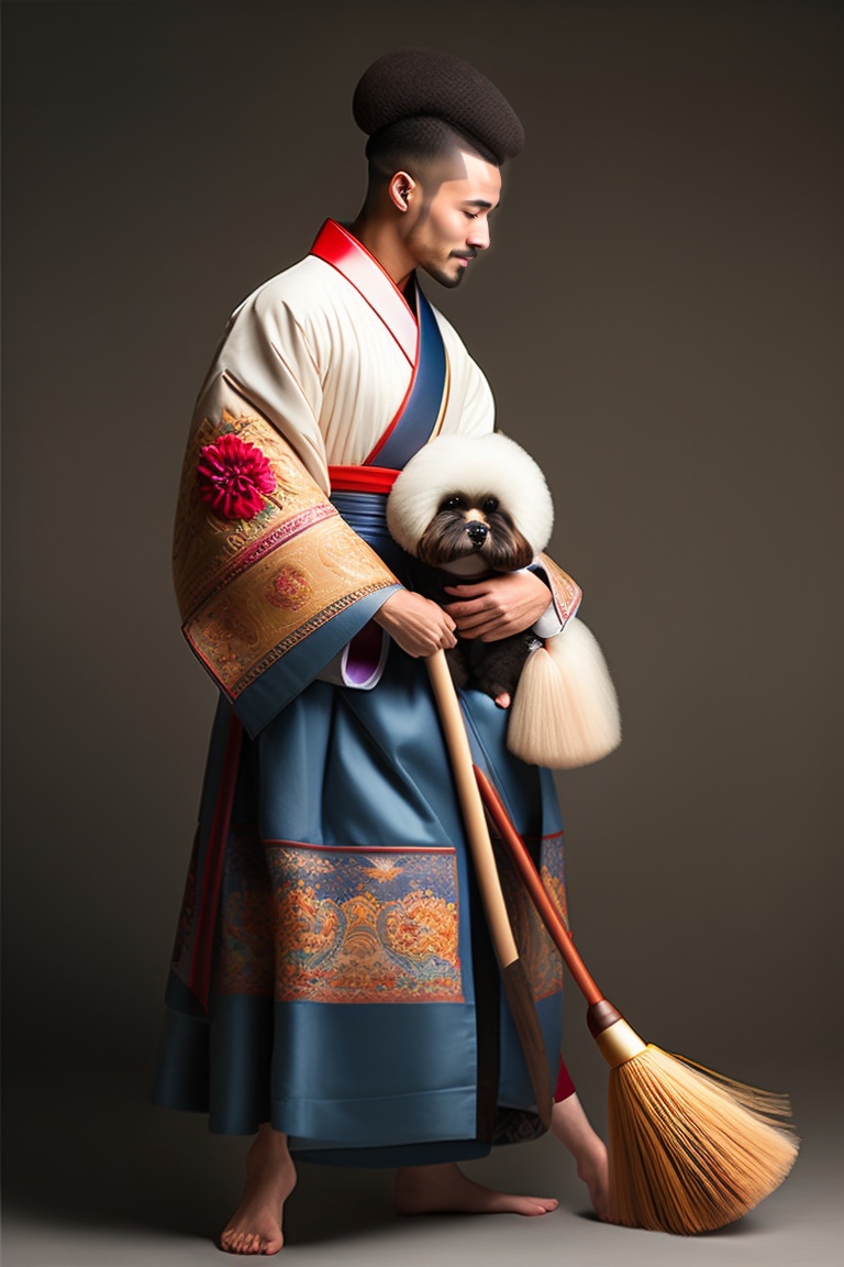 Unconventional Style: Man in Kimono with Poodle