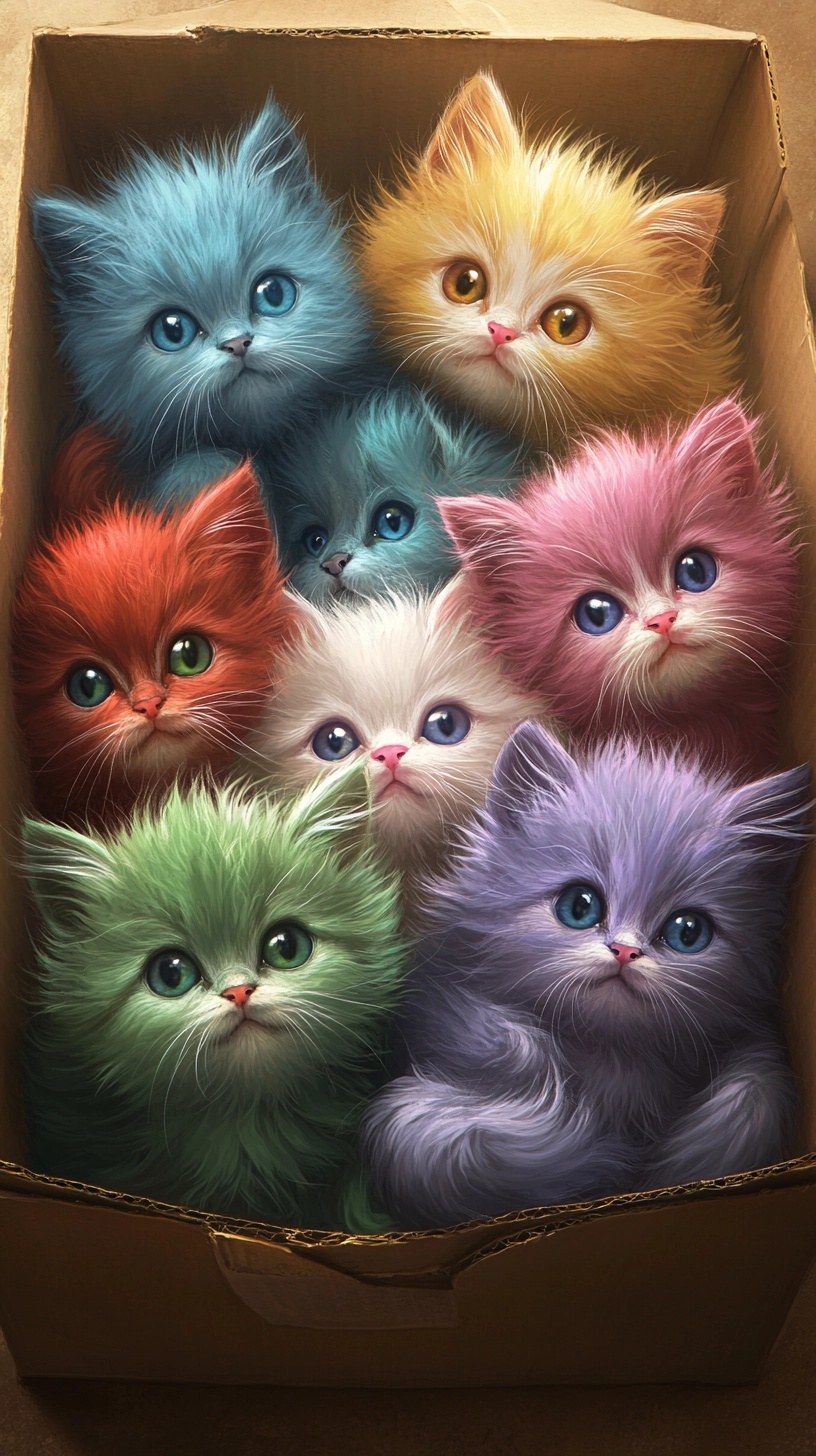 Adorable Kittens in a Colorful Cardboard Box