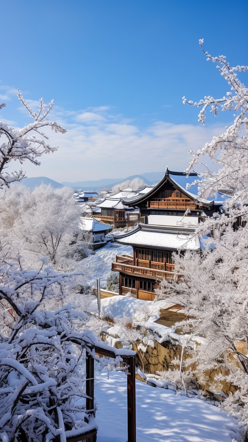 Majestic Winter Wonderland: Snow-Covered Village with Plum Blossoms