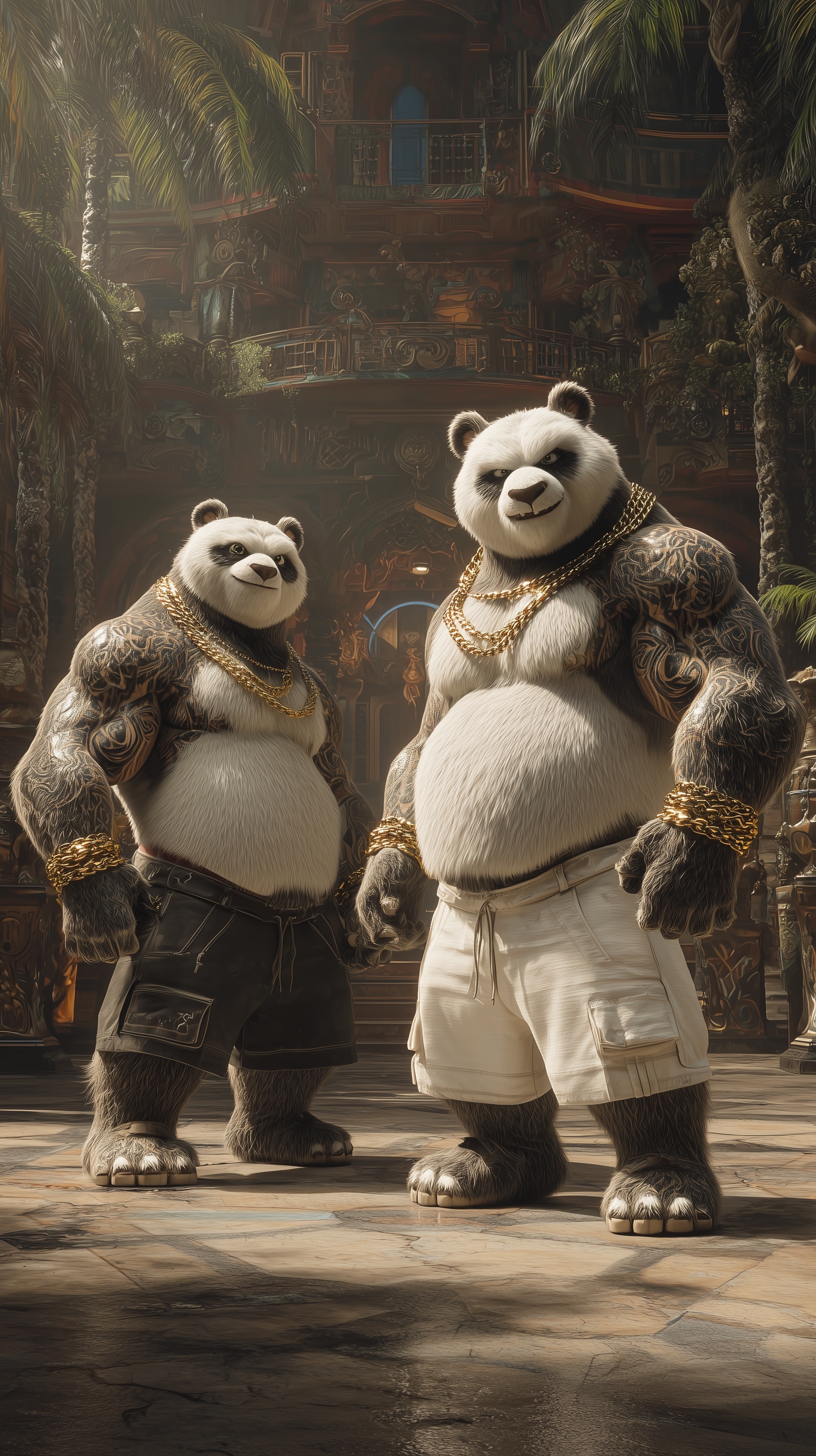 Muscular Panda Duo in Luxurious Exotic Courtyard