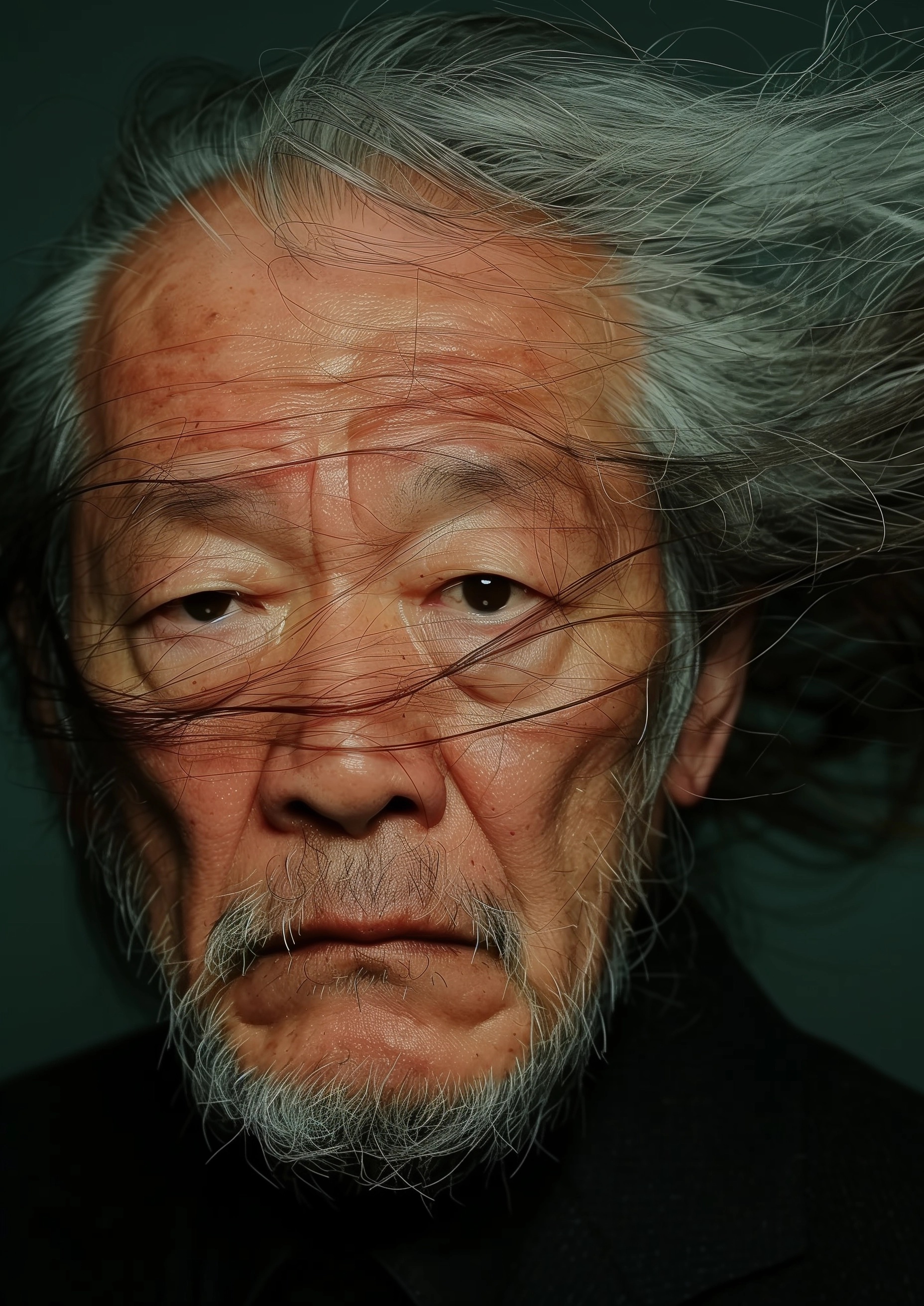 Asian Old Man's Wind-Fluttered Hair: Real Photo, Minimalistic Medium Shot on Black Background