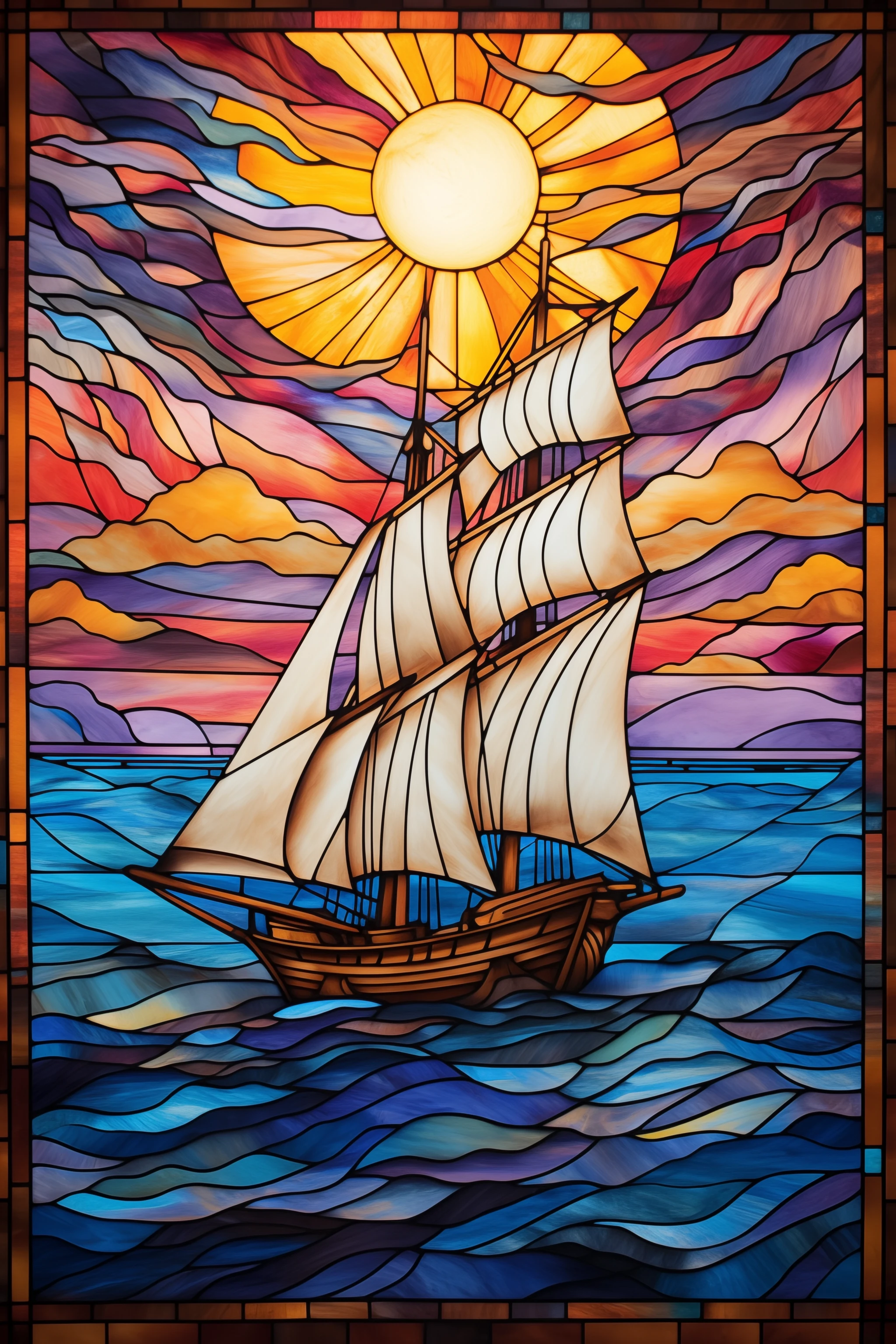 Elegant Stained Glass Sailboat: Captivating Cohesive Colors