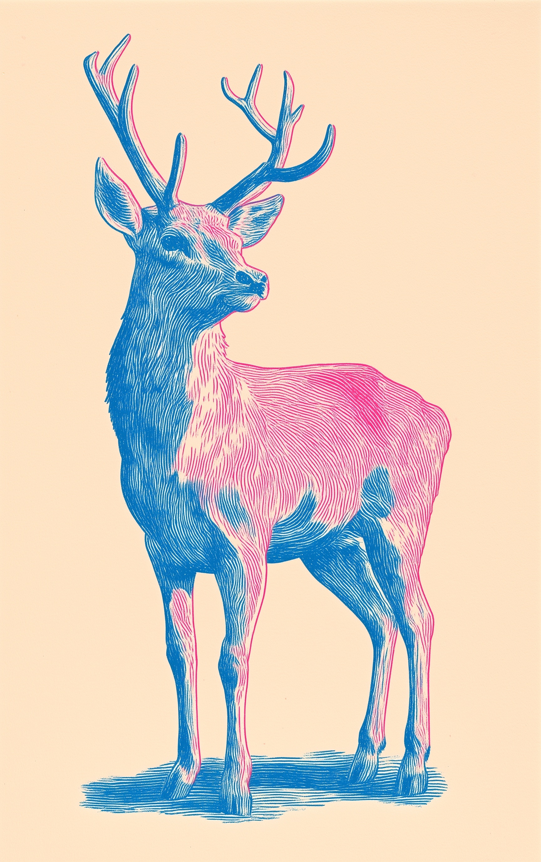 Charming Risograph Stag Art in Bold Colors