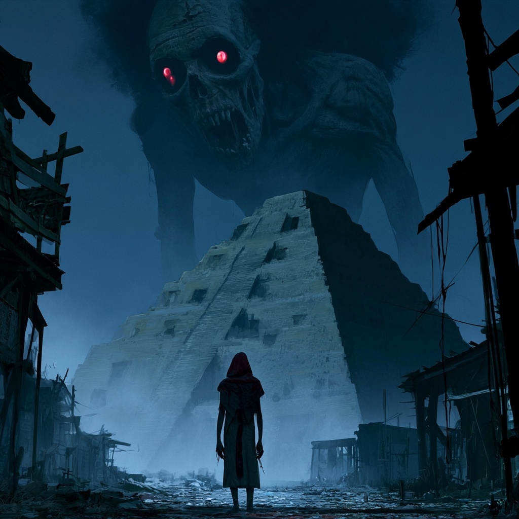 Dark God Overlooks Pyramid in Night Sky