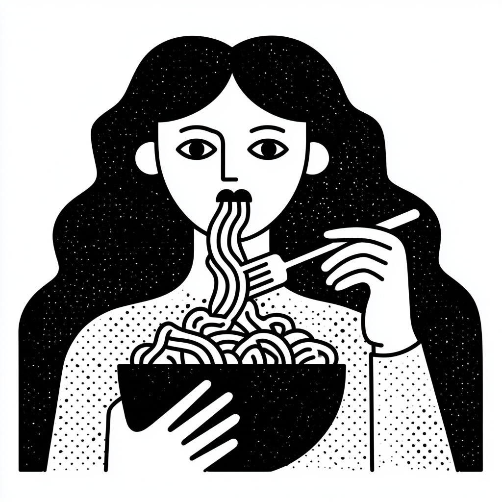 Whimsical Kyrgyz Girl Enjoys Noodles in Style