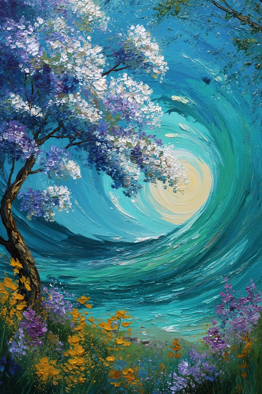 Vibrant Spring Oasis: Waves and Blooming Trees