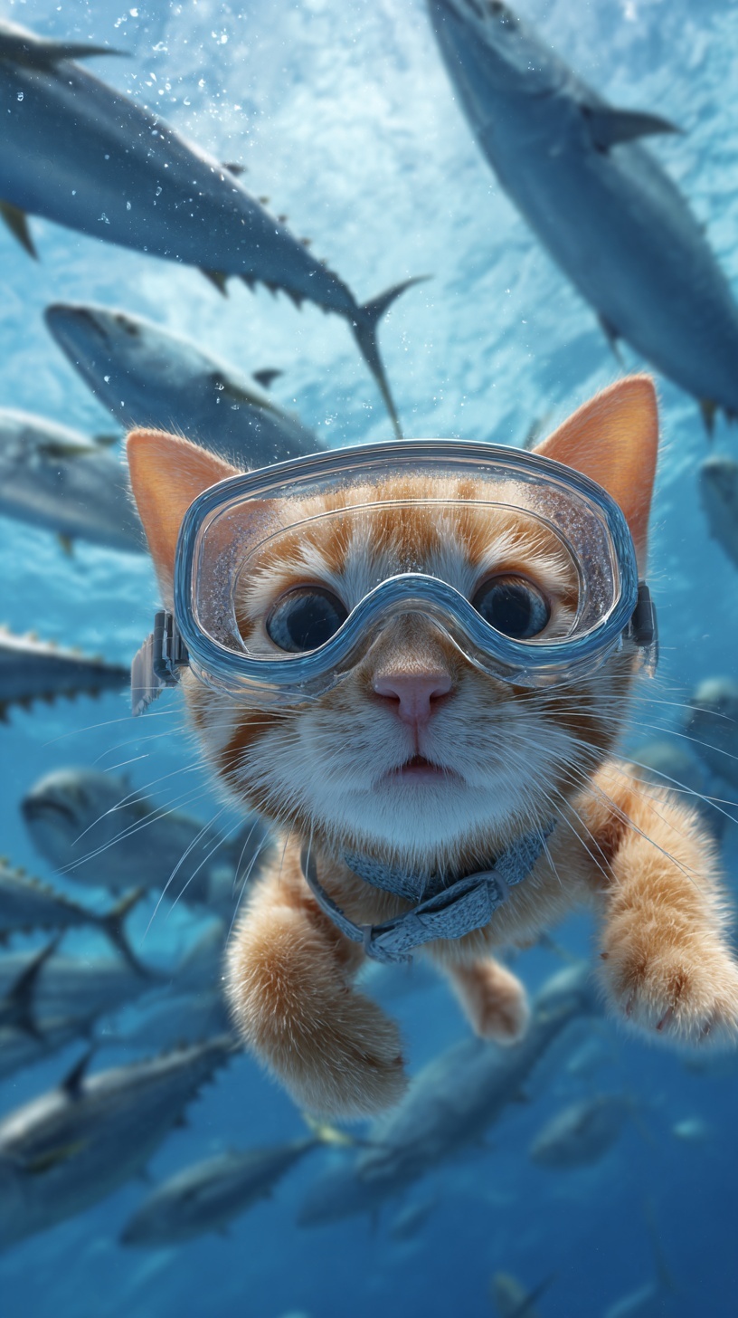 Adorable Kitten Snorkeling in Clear Blue Ocean