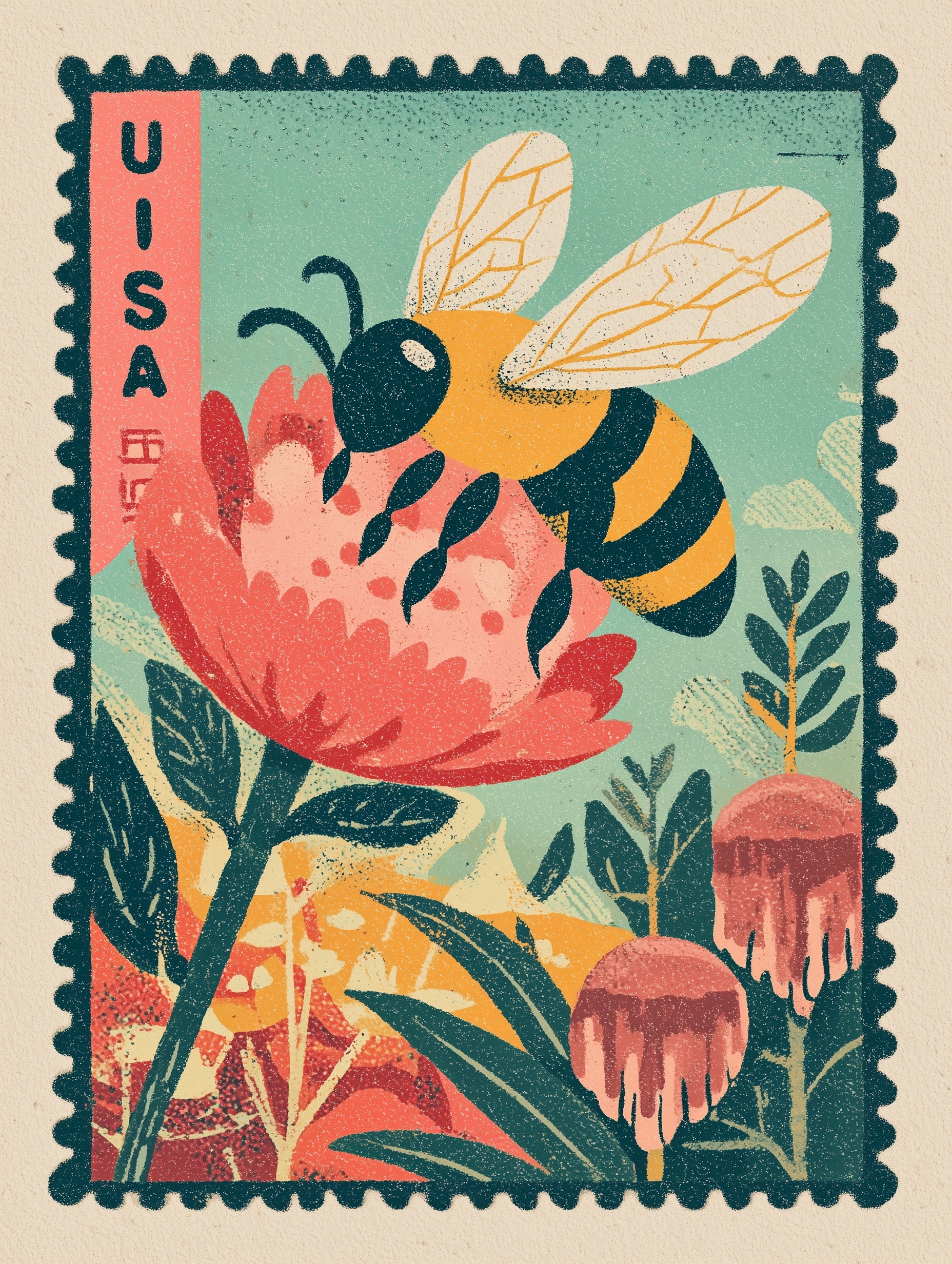 Charming Vintage U.S. Bee Stamp in Cartoon Style