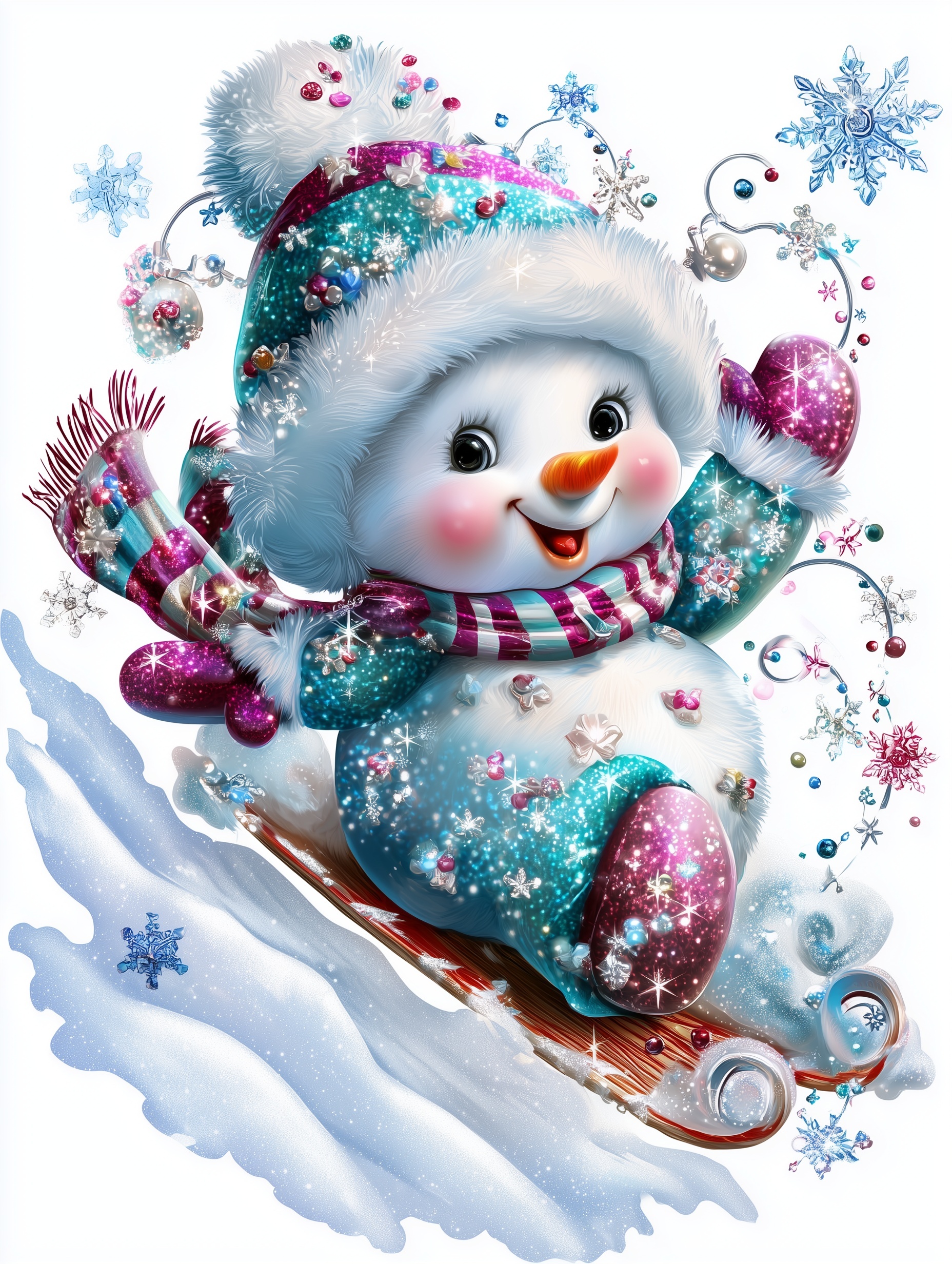 Glittery Snowman Sliding Down a Winter Hill