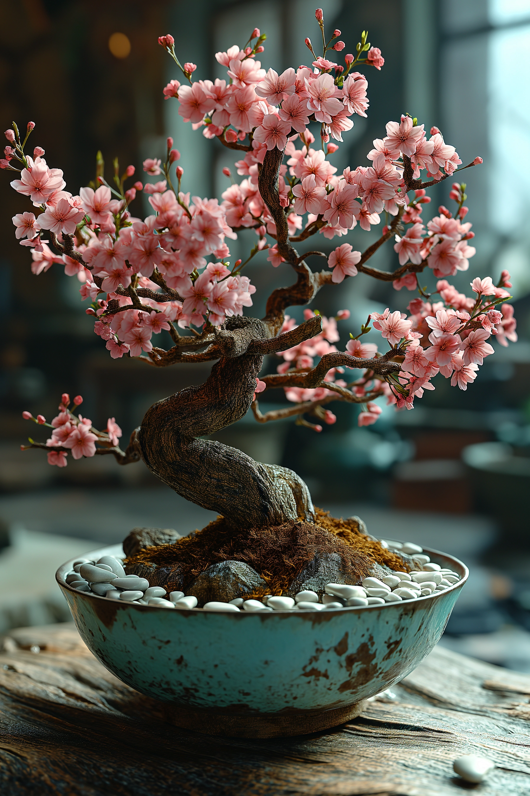 Stunning Photorealistic 8K Cherry Blossom Bonsai in Light Blue Bowl