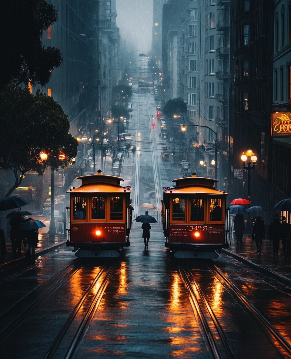 San Francisco's Iconic Trolley: A Rainy Day Scene