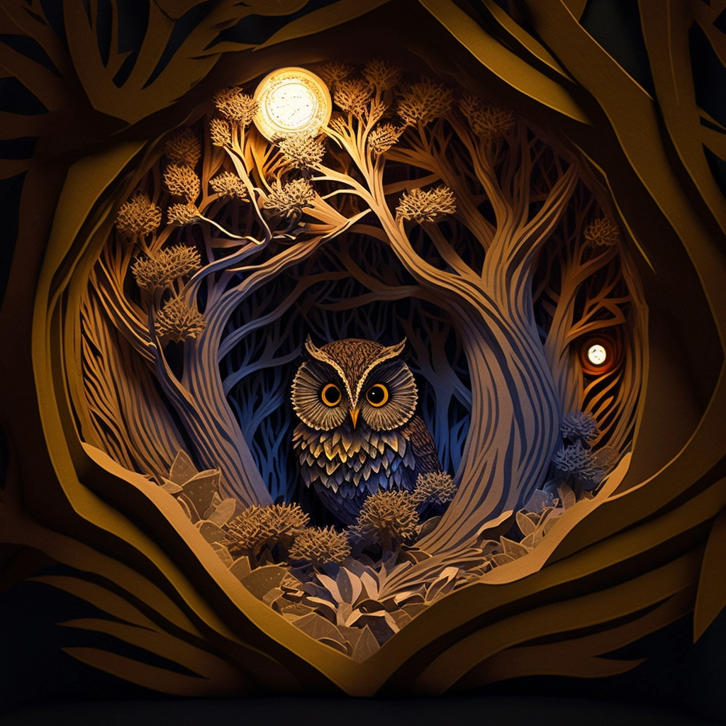 Ornate Paper Cut Craft: Tree Hollow Tunnel with Glowing Owl