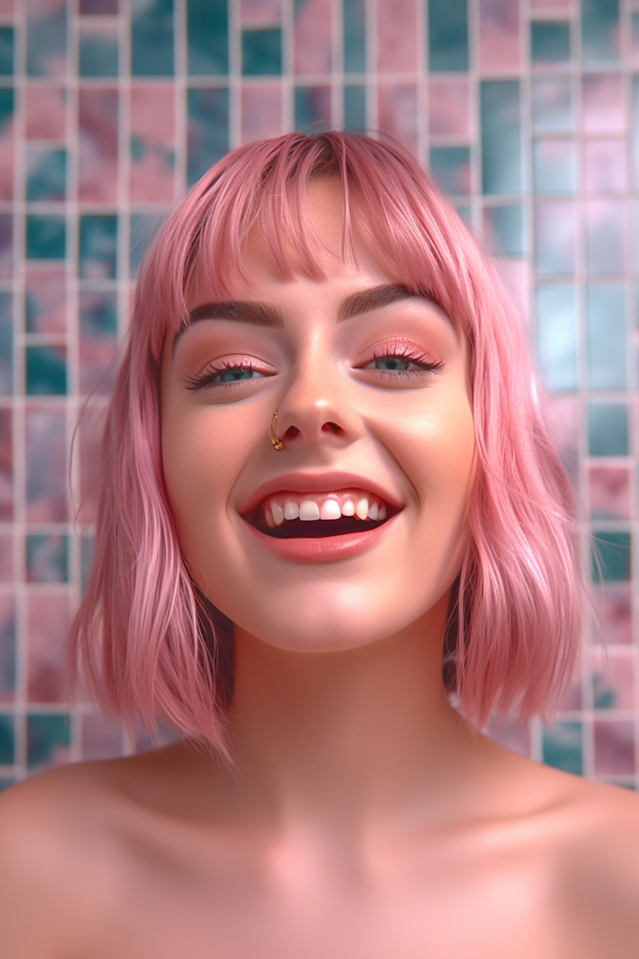 32K UHD Pink Hair Portrait in Bathroom