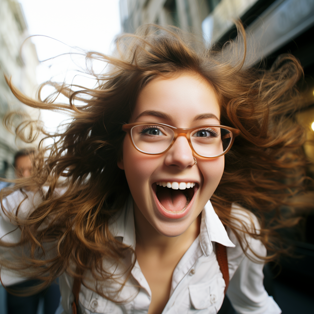 Ultra-realistic 8K Photo: Young Woman Smiling & Shaking Head with Glasses