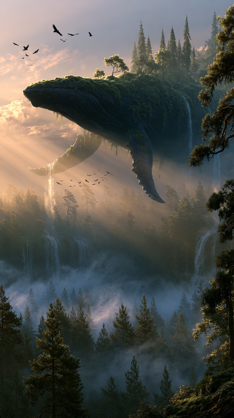 Majestic Whale Above Misty Forest - Surreal Scene