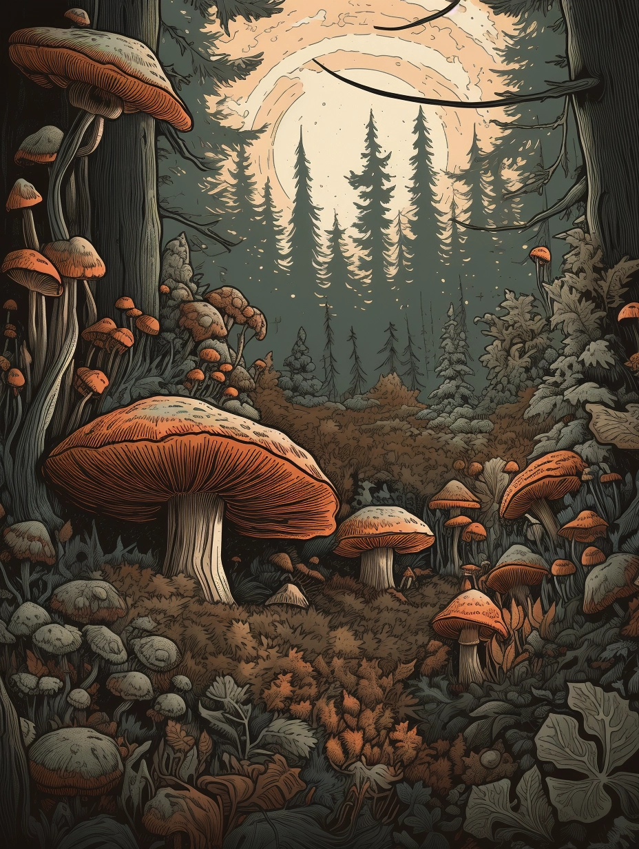 Wild Mushroom Illustration: PNW Forest Scene