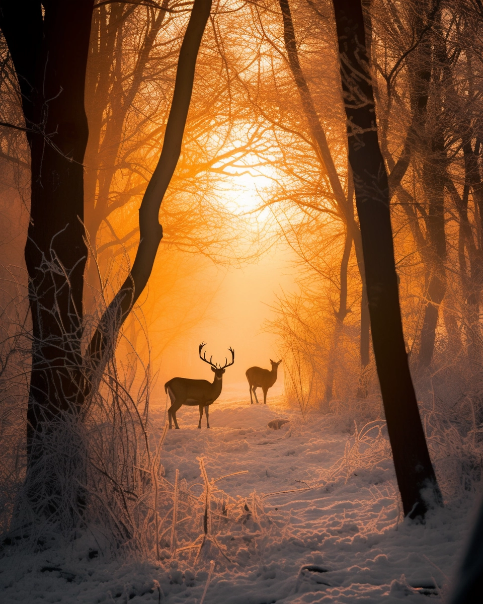 Enchanting Sunset in Forest with Majestic Deer