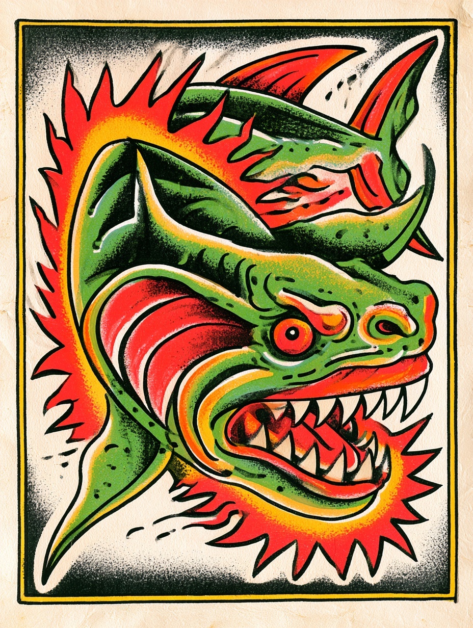 Surreal Vintage Shark Tattoo: Bold & Colorful Art