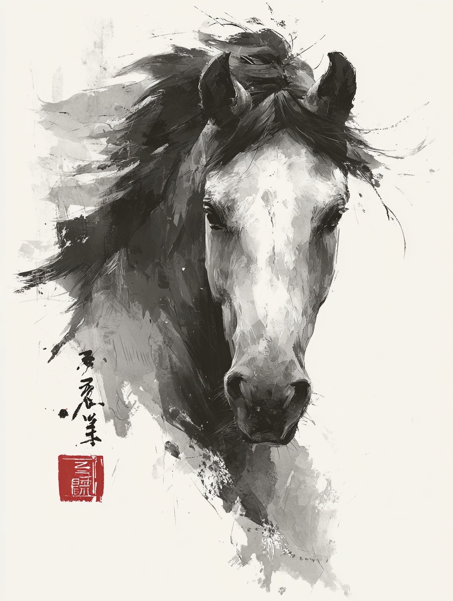 Elegant Black and White Horse Head Artwork