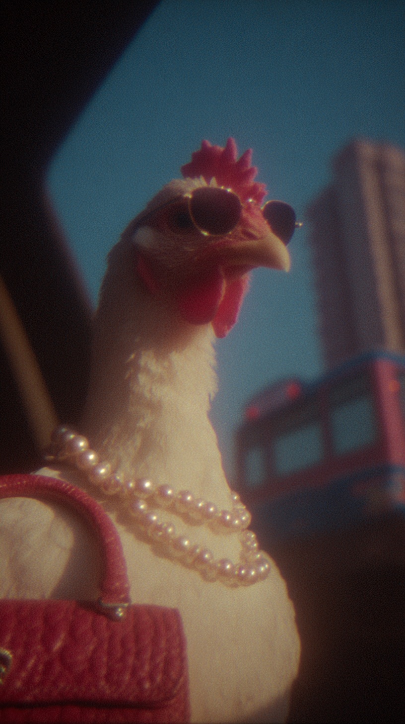 Chic Hen with Red Purse Against City Sunrise