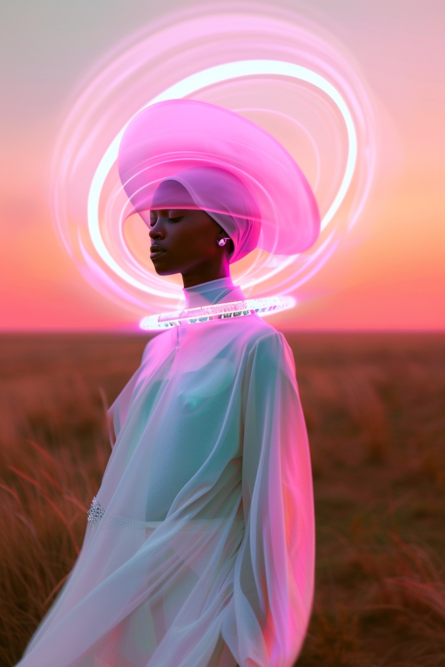 Futuristic Ethereal Woman in Translucent White Dress