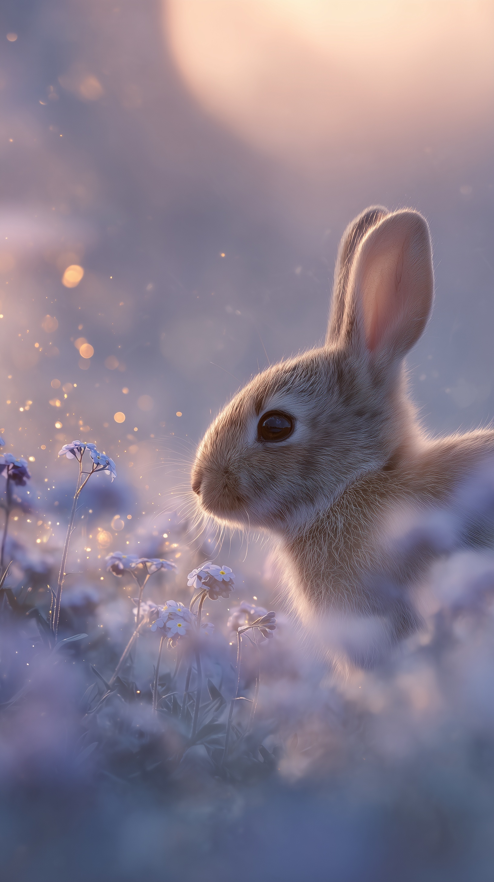 Enchanting Morning Rabbit in Misty Floral Field