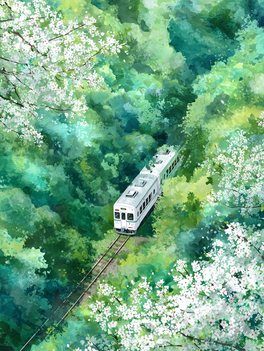 Dreamy Spring Train Journey through Blooming Valleys