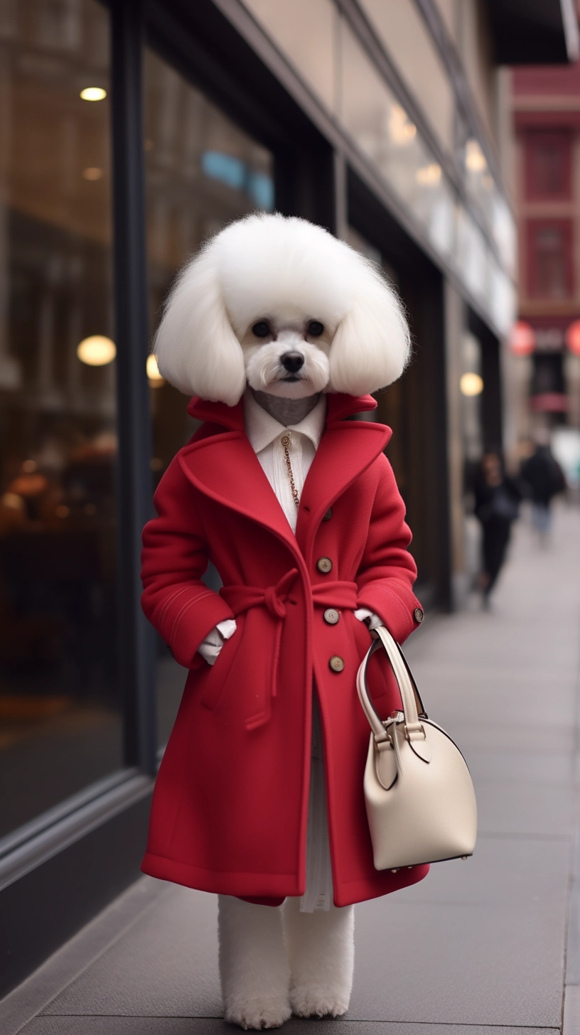 Street Chic Bichon Frise: Red Coat, Louis Vuitton Bag