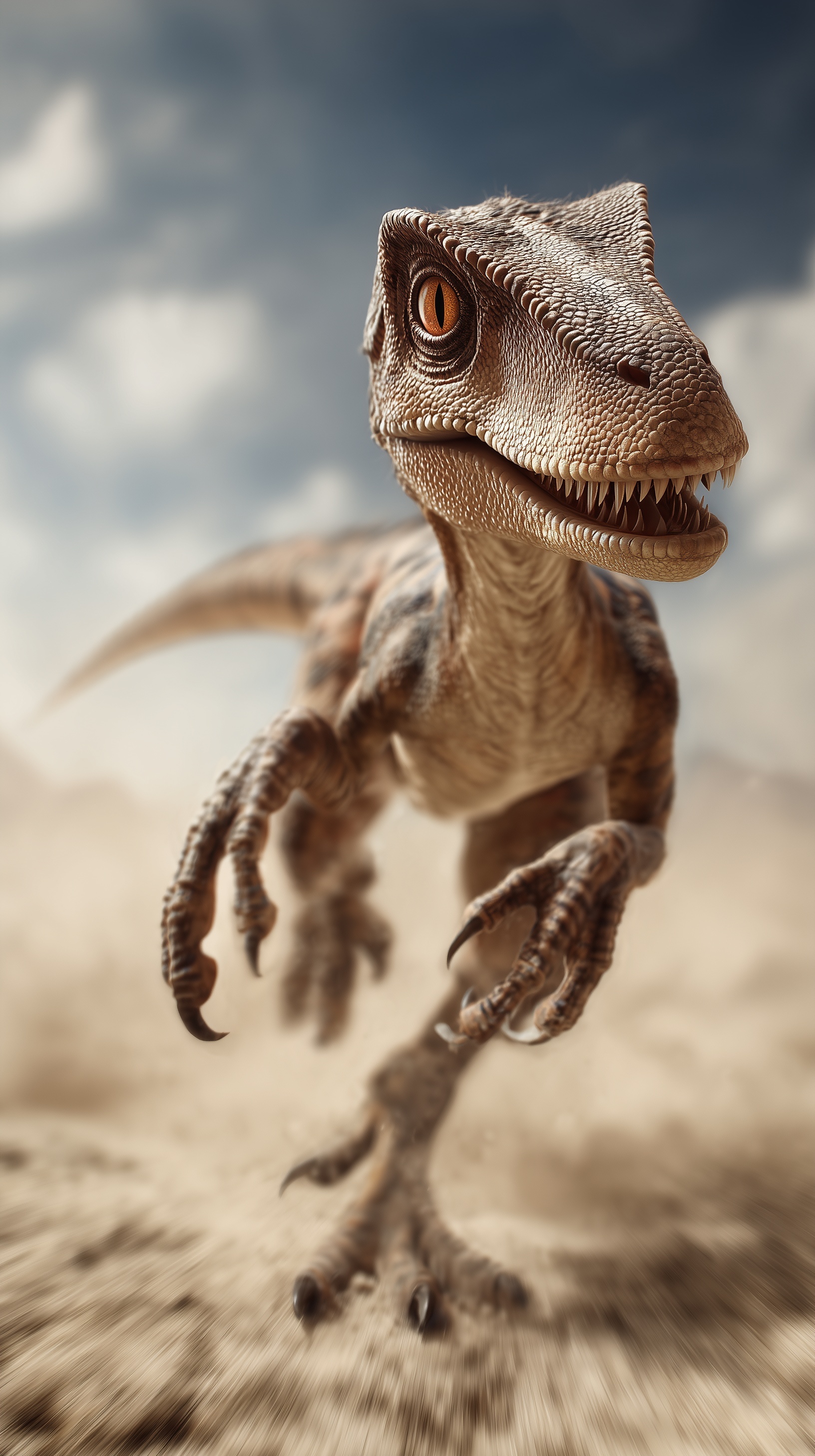 Dynamic Velociraptor Racing Across the Desert