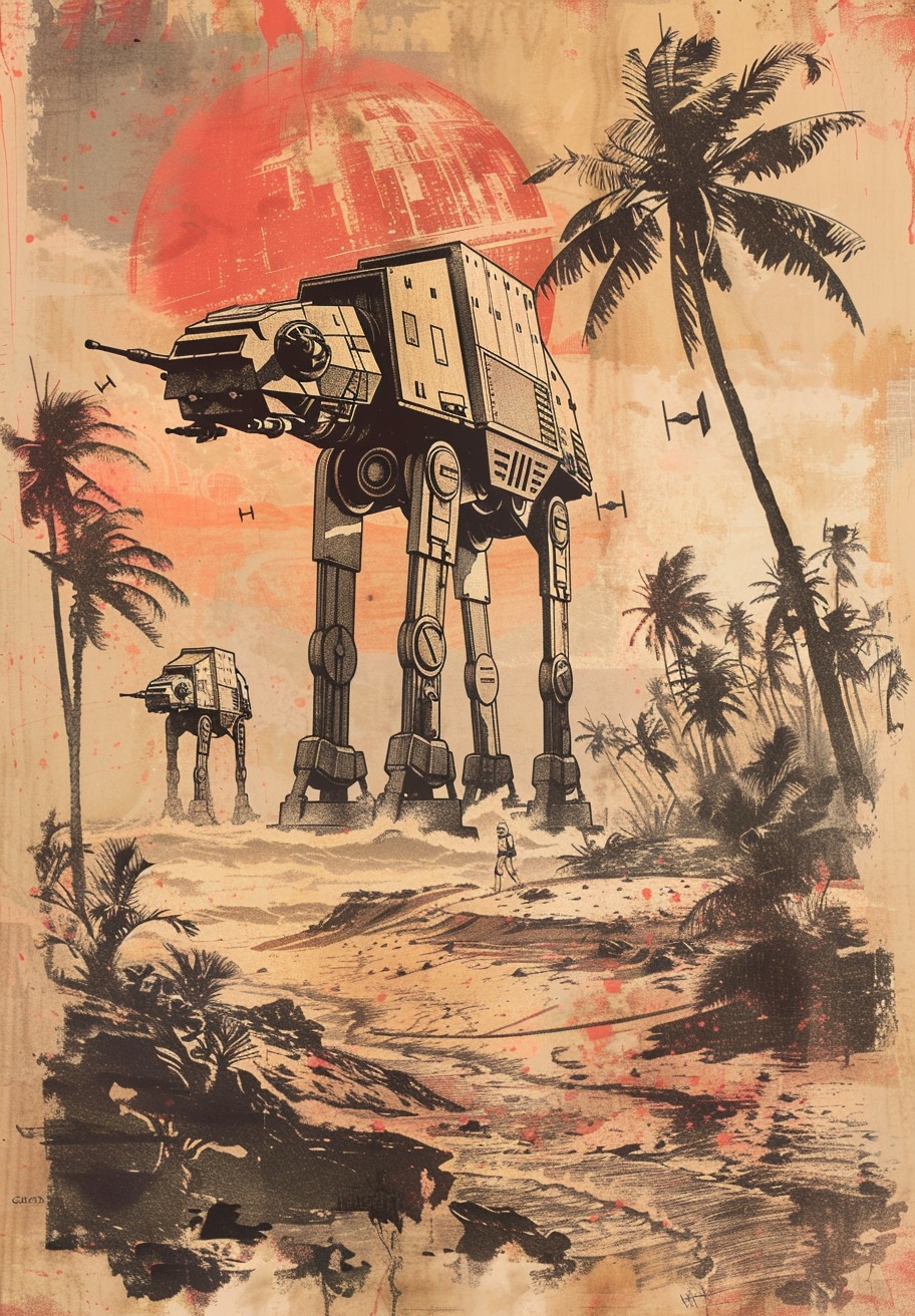 Epic Star Wars Battle Scene: X-Wings vs AT-ATs in Woodblock Style