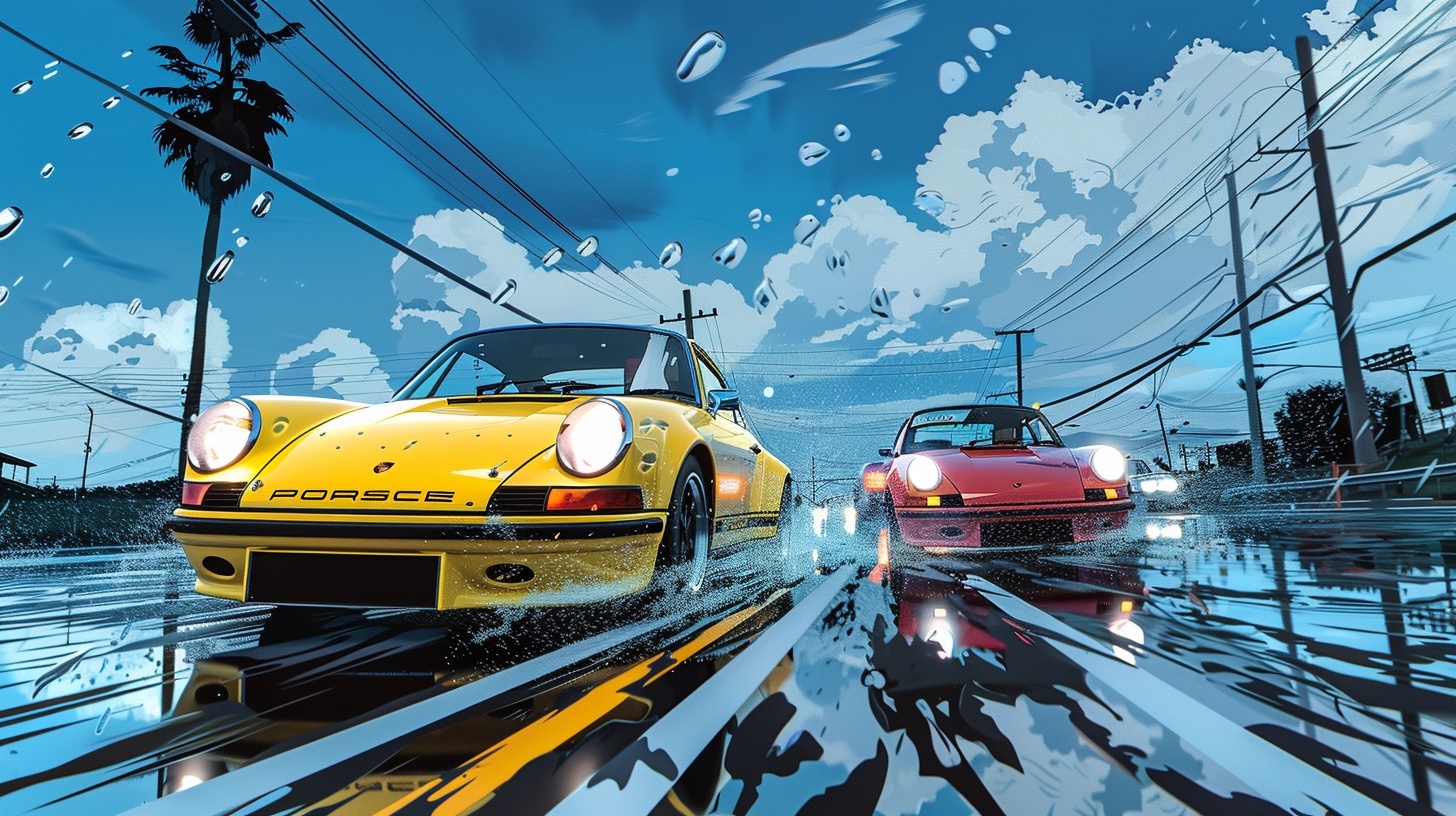 Epic Porsche Drive: Rainy Road Comic Vibes