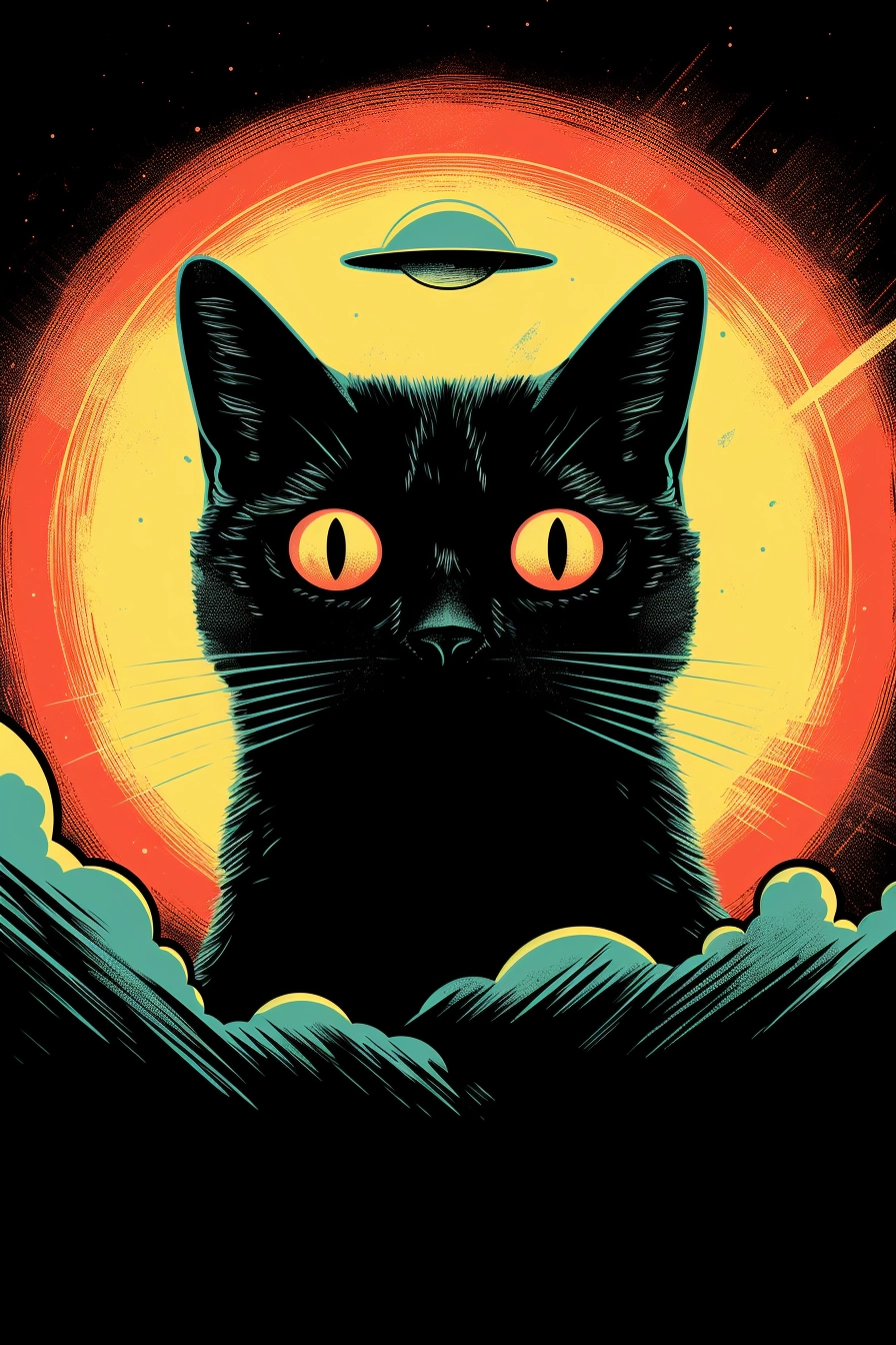 Retro Black Cat Selfie: Vintage Design for Terrified UFO Encounter