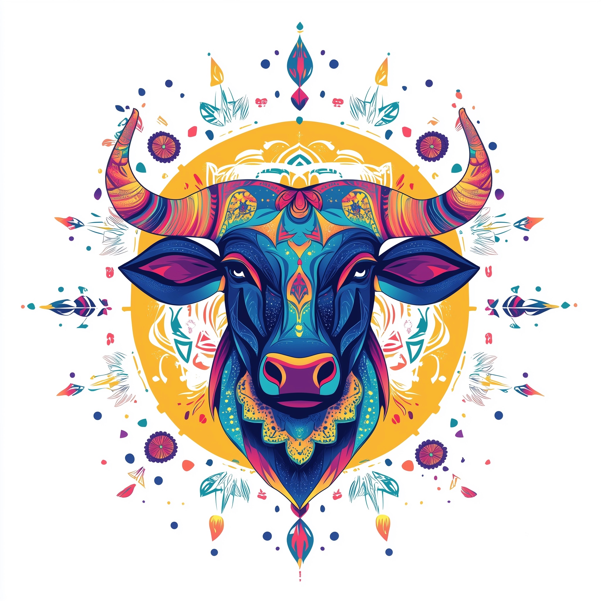 Colorful Taurus Bull in Mystical Mandala Art